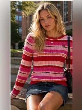 VINTAGE Y2K Ribbed Cable Knit Striped Sweater Size Small Pink Preppy Bright‎